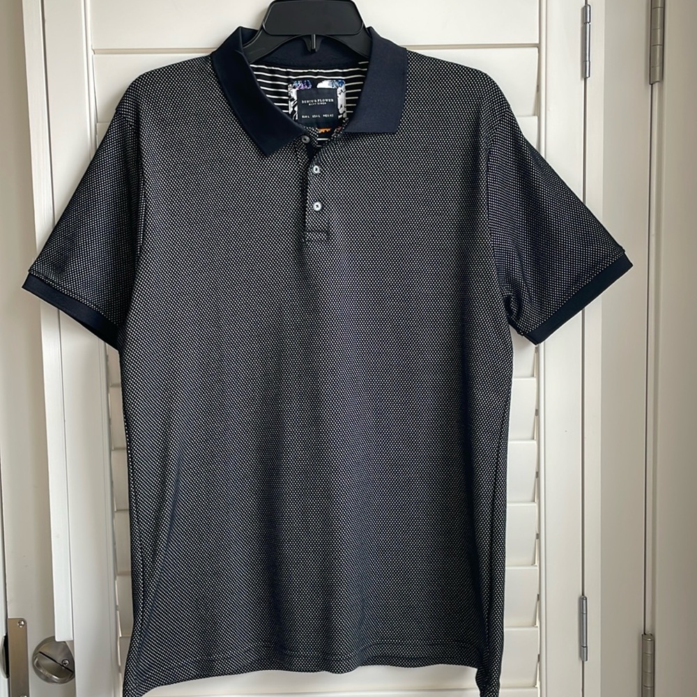 Denim & Flower Ricky Singh black dotted short sleeve polo EUC